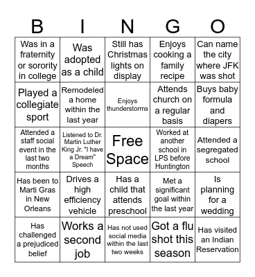 Huntington Staff Bingo Card