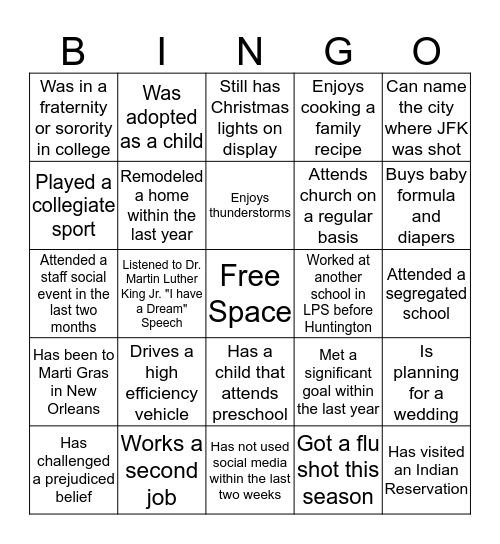 Huntington Staff Bingo Card