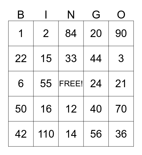 Multiplication Bingo Card
