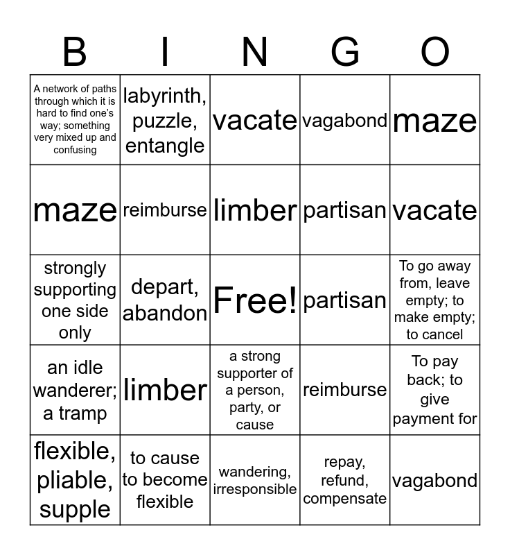 Level A Unit 6 Bingo (words 712) Bingo Card