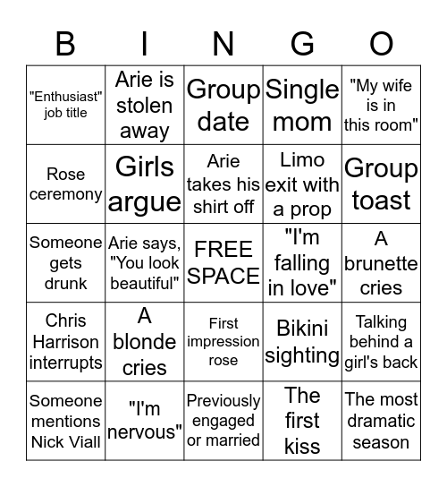 BACHELOR BINGO Card