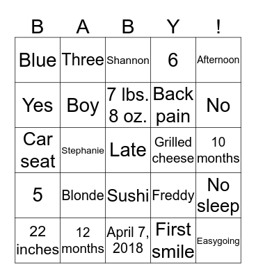 Shannon's Baby Shower Bingo Card