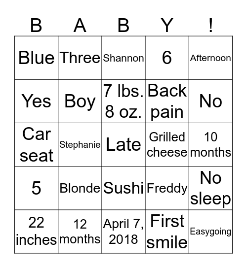 Shannon's Baby Shower Bingo Card