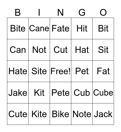 Magic E Bingo Card