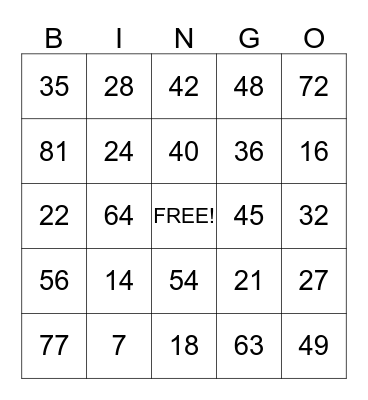 Multiplication Bingo Card