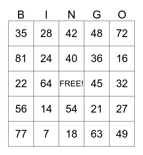 Multiplication Bingo Card