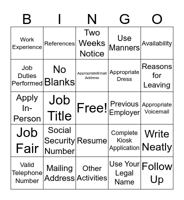 Job Application BINGO Card