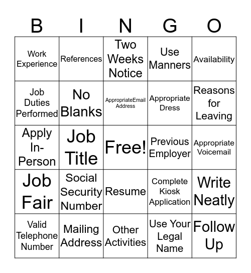 Job Application BINGO Card