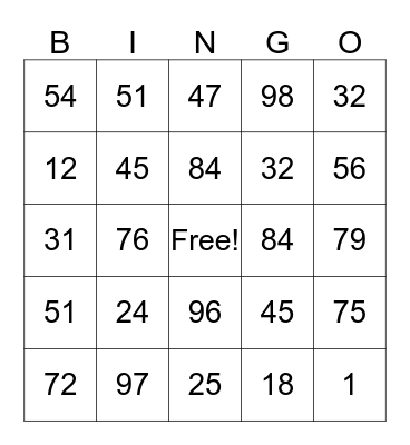 Number Bingo! Bingo Card