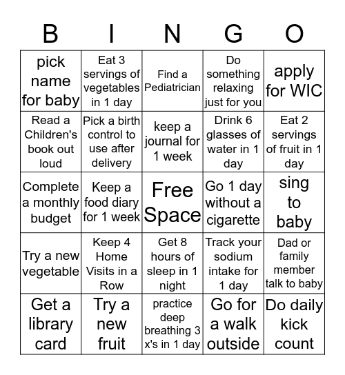 Pregnancy Bingo Card