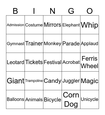 Carnival and Circus Words Bingo Card