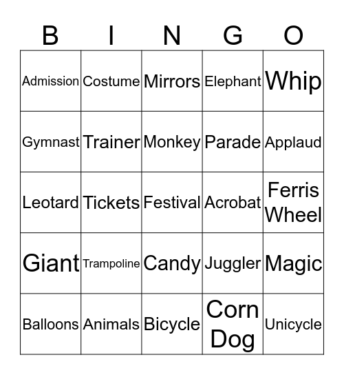 Carnival and Circus Words Bingo Card
