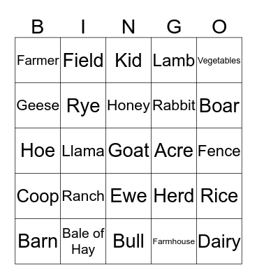 Farm Words Bingo Card