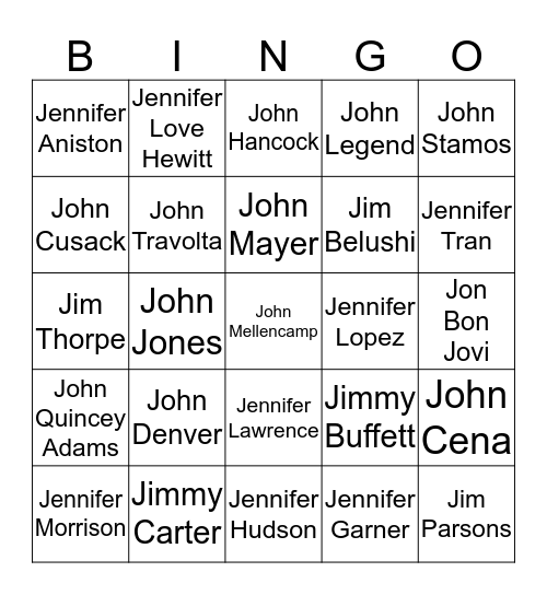 Famous Jens, Jims and Johns Bingo Card