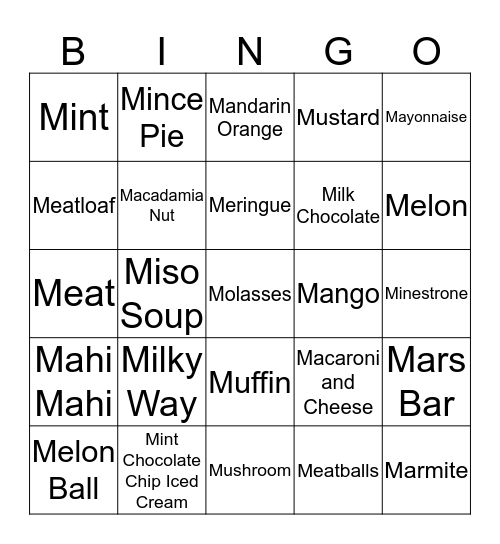 Foods Beginning with M Bingo Card