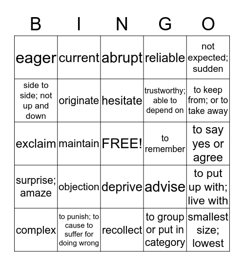 Vocabulary 6-7 Bingo Card