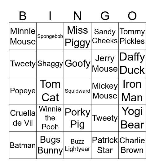 Top Animated Characters in Children’s Entertainment Bingo Card