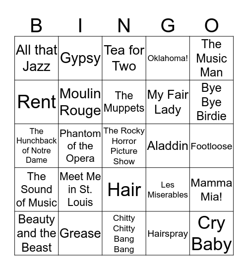 Sing Along Movies Bingo Card