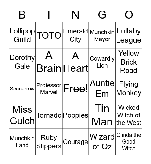 Yellow Brick Road Bingo Card