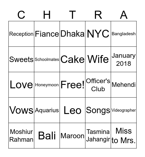 Chitra's Bridal Shower Bingo! Bingo Card