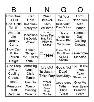 Christian Music Bingo Card