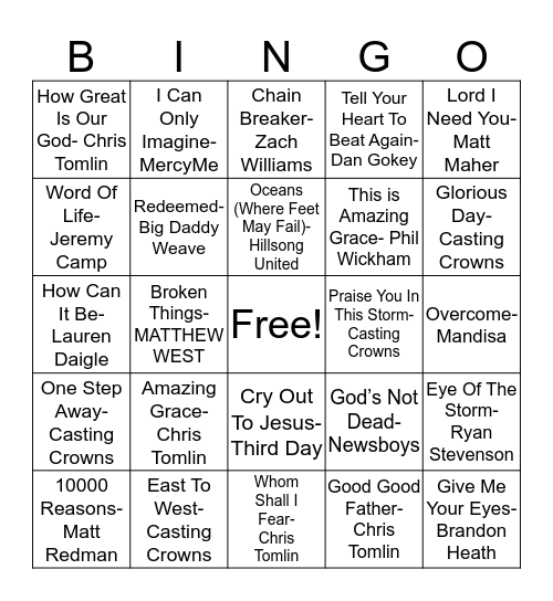 Christian Music Bingo Card