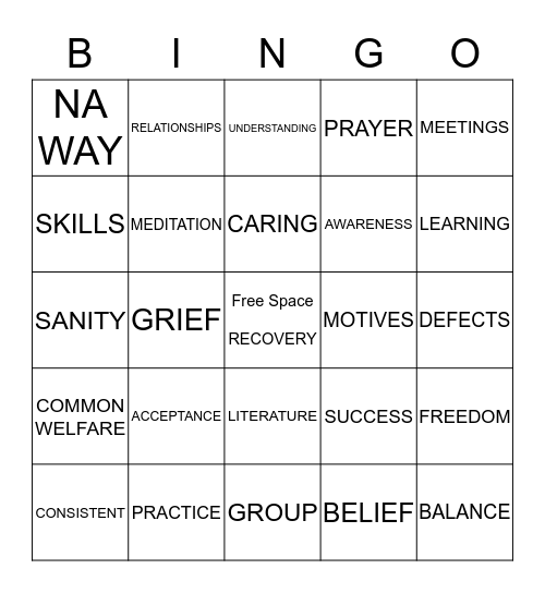 Spiritual Principles of NA Bingo Card