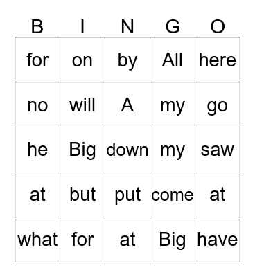 Sight Words Bingo Card