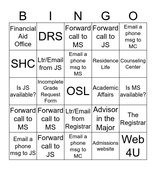 Office of Student Life Bingo Card