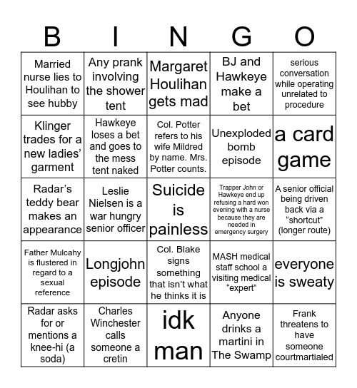 Mash Bingo Card