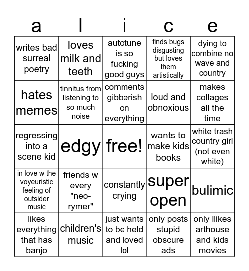 alicecore bingo Card