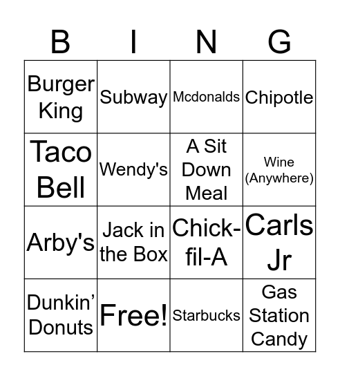 Cary Kennedy Food Bingo Card