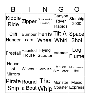 Amusement Park Rides Bingo Card