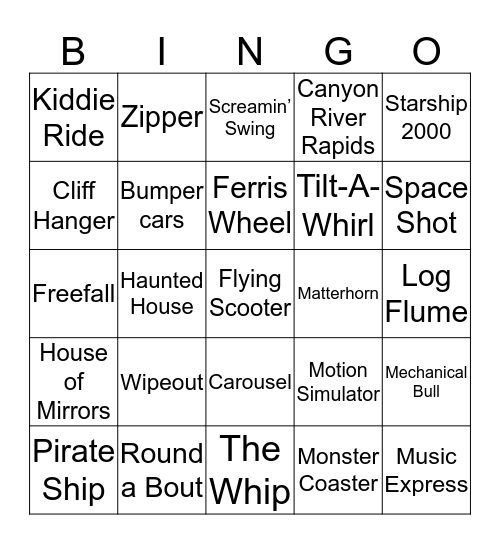 Amusement Park Rides Bingo Card