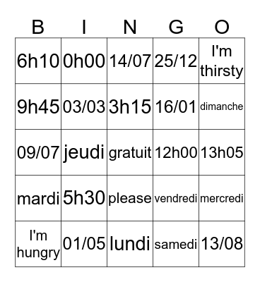 L'heure / Le Jour / La Date Bingo Card