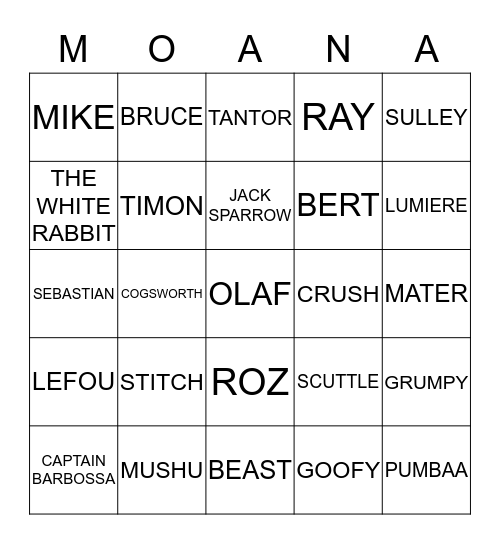 Moana Medley Bingo Card