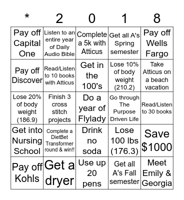 Erin's 2018 Goals Bingo Card