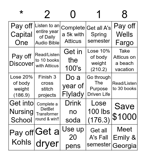 Erin's 2018 Goals Bingo Card