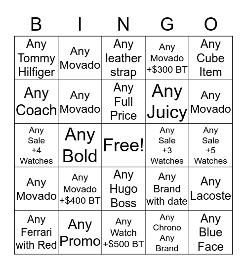 Movado Bingo! Bingo Card