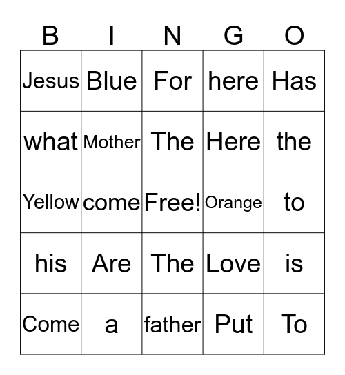 Service Words Bingo Card