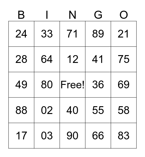 50 Bingo Card