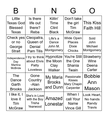 90's Country Bingo Card