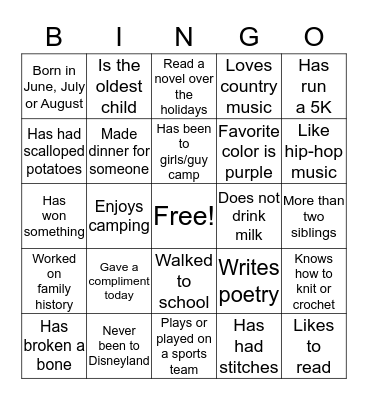 Get to Know Your Classmates Bingo Card