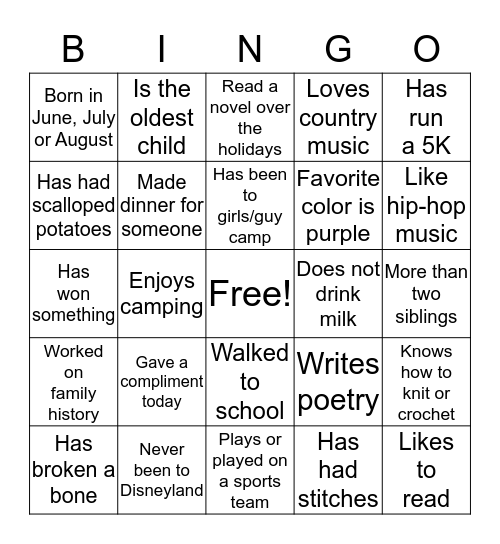 Get to Know Your Classmates Bingo Card