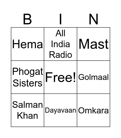 2017 Bollywood Bingo Card