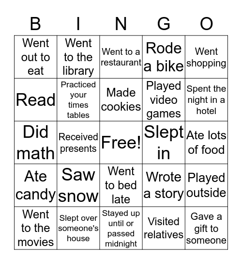 Welcome Back Happy New Year! Bingo Card