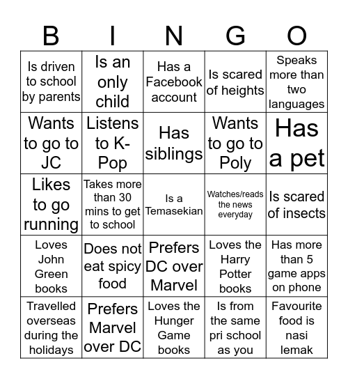 Getting to Know You Bingo Card