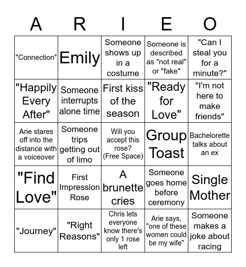 Bachelor Bingo Card