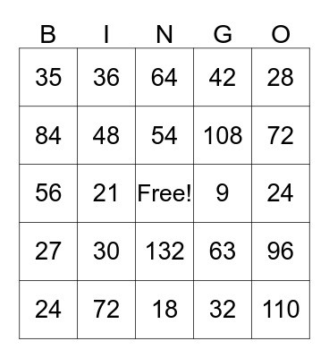 Multiplication Facts Bingo Card