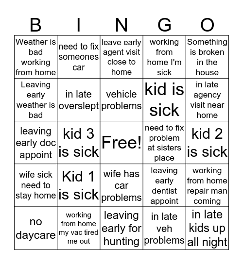 Mr Excuse 2018  Bingo Card